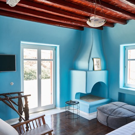 blue bedroom fireplace