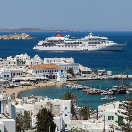view to Mykonos town and old port