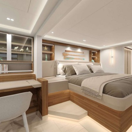 Master cabin of Ad Astra catamaran yacht