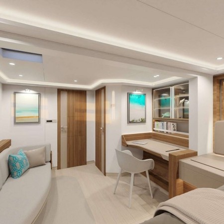 Master cabin of Ad Astra catamaran yacht