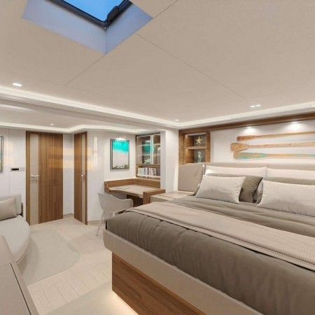 Master cabin of Ad Astra catamaran yacht