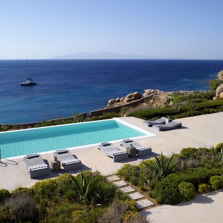 View from the top to the Aegean Sea and main pool