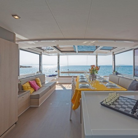 indoor salon of Babalu catamaran yacht