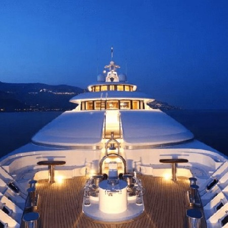 the yacht's exterior at night