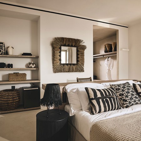 one of the bedrooms at mykonos villa Etoile