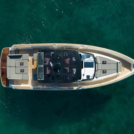 Aerial photo of Fjord 48 yacht in Mykonos