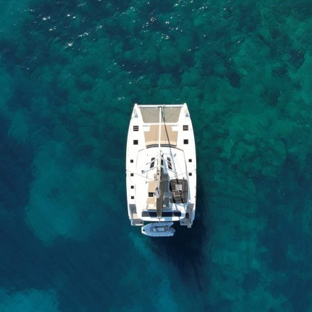 aerial photo of mykonos catamaran rental