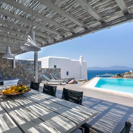 shaded dining with pool view