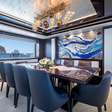 indoor dining on Noroader yacht charter