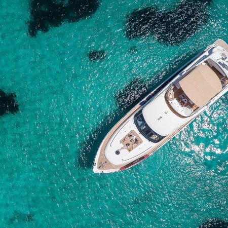 aerial photo of Princess 72 yacht in Mykonos