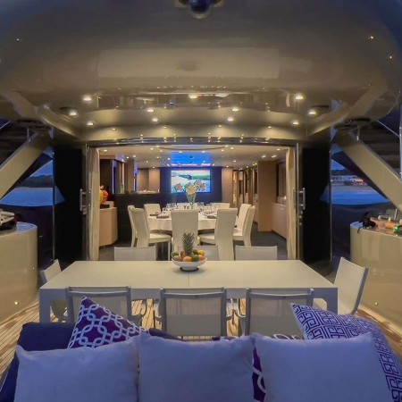 exterior of YCM 120 yacht at night